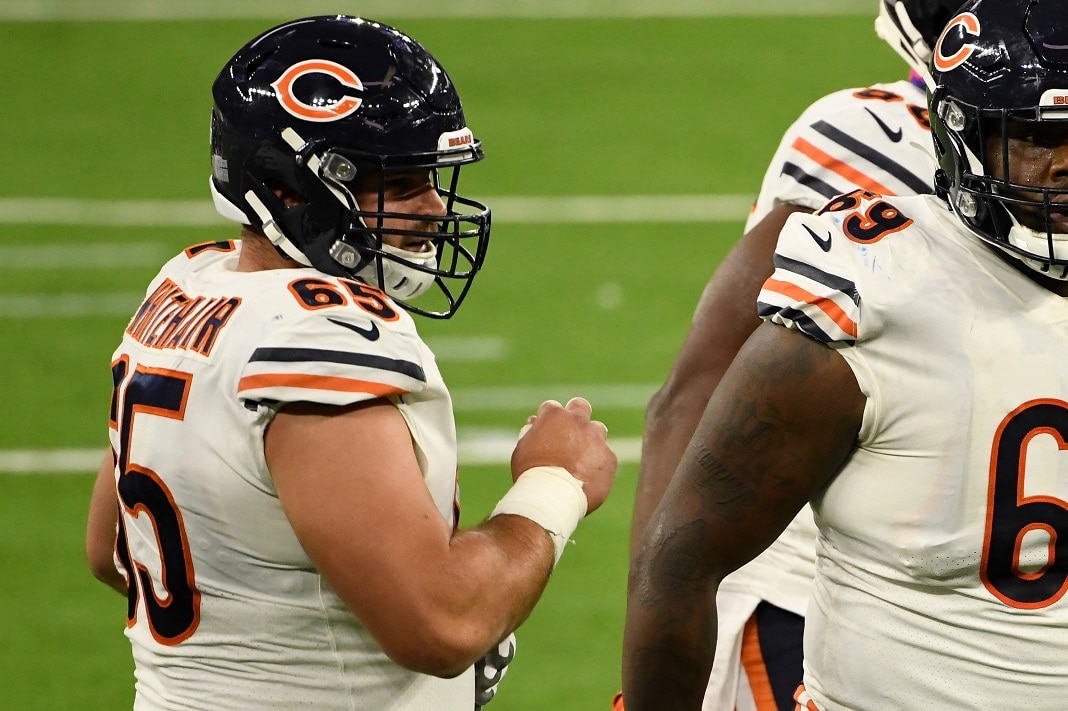 Chicago Bears center Cody Whitehair (65) works during the first half of an  NFL football game