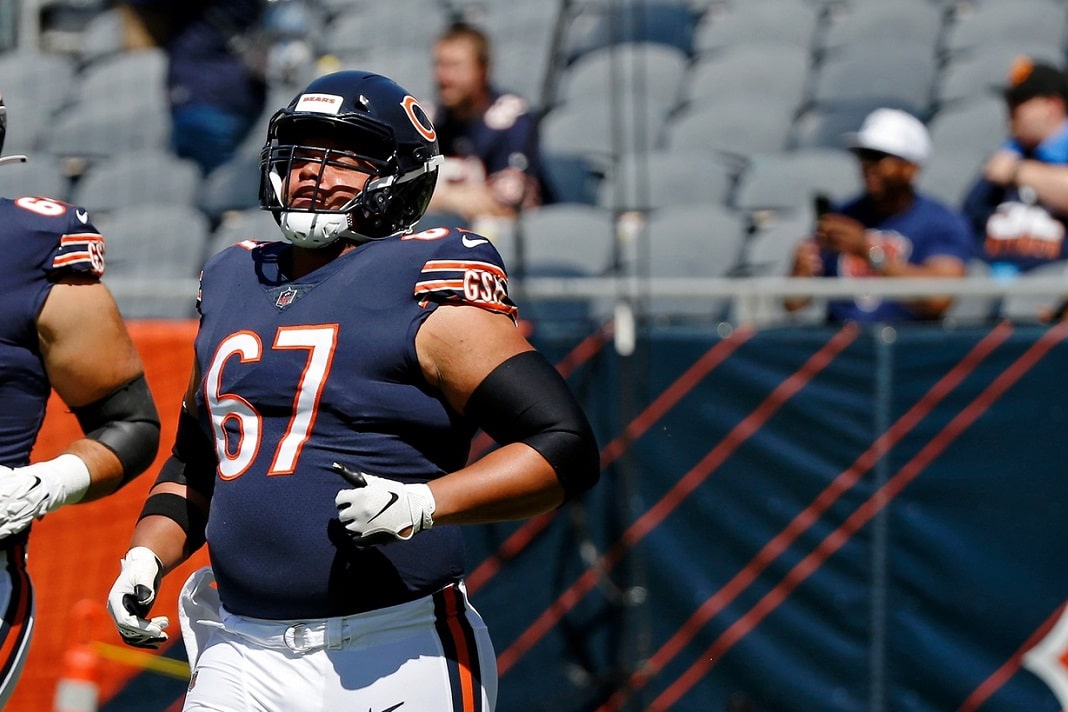 FILE - Chicago Bears offensive lineman Jason Peters (71) blocks during an  NFL football game against the Cleveland Browns, Sunday, Sept. 26, 2021, in  Cleveland. Age is a funny thing in the