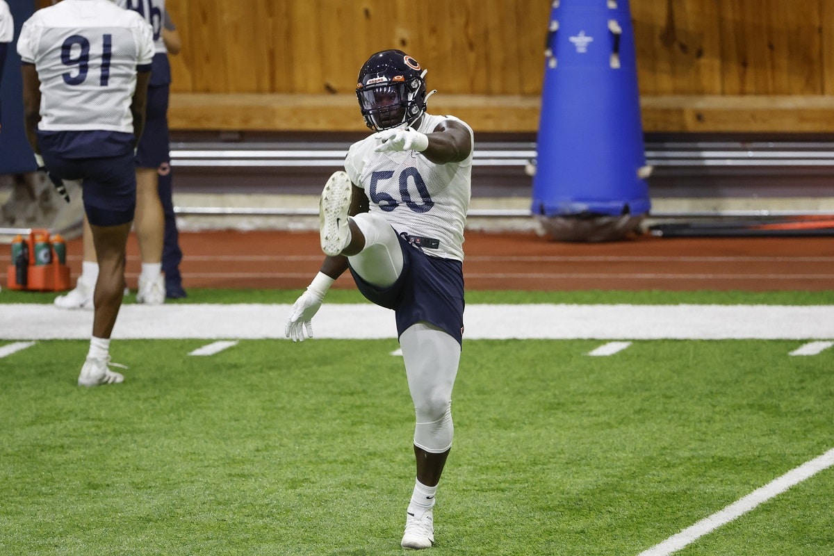 Chicago Bears linebacker Jeremiah Attaochu (50) moves after the ball during  an NFL football game against the Cleveland Browns, Sunday, Sept. 26, 2021,  in Cleveland. (AP Photo/Kirk Irwin Stock Photo - Alamy