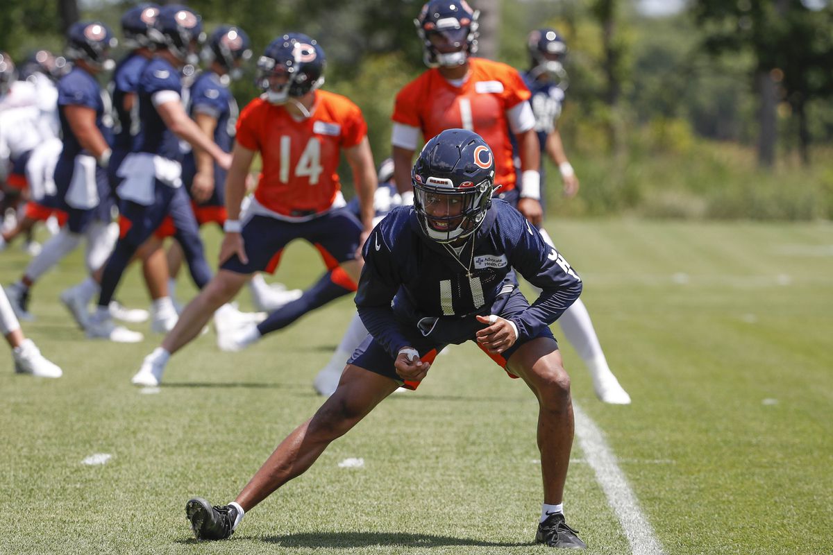 LAKE FOREST, IL - MAY 24: Chicago Bears wide receiver Darnell Mooney (11)  during the the Chicago Bears OTA Offseason Workouts on May 24, 2022 at  Halas Hall in Lake Forest, IL. (