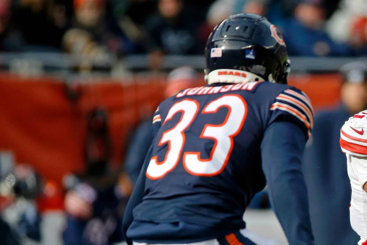 Chicago Bears cornerback Jaylon Johnson (33) defends during the second half  of an NFL football game against the New England Patriots, Monday, Oct. 24,  2022, in Foxborough, Mass. (AP Photo/Stew Milne Stock