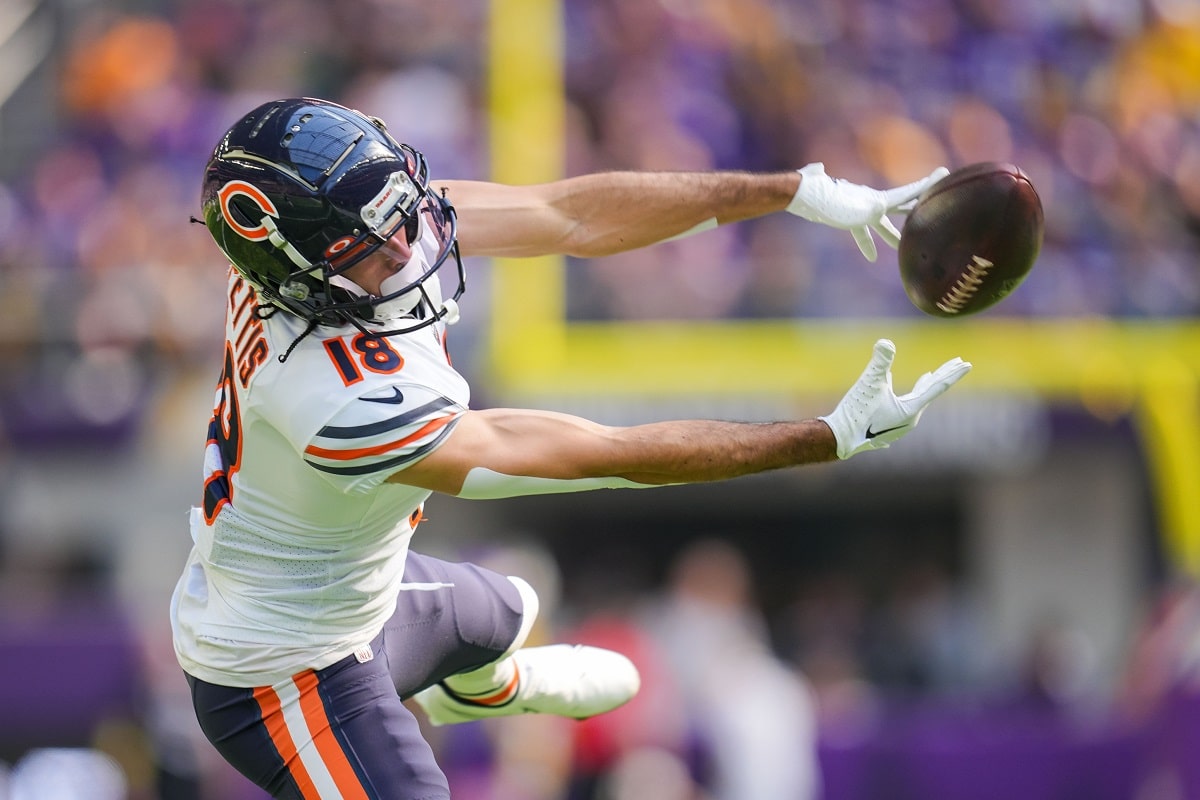 Chicago Bears wide receiver Dante Pettis (18) warms up before an NFL  football game against the New York Jets on Sunday, Nov. 27, 2022, in East  Rutherford, N.J. (AP Photo/Adam Hunger Stock