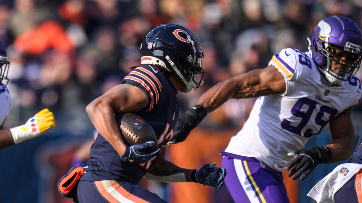 Chicago Bears wide receiver Velus Jones Jr. (12) warms up before an NFL  football game against the New York Jets on Sunday, Nov. 27, 2022, in East  Rutherford, N.J. (AP Photo/Adam Hunger