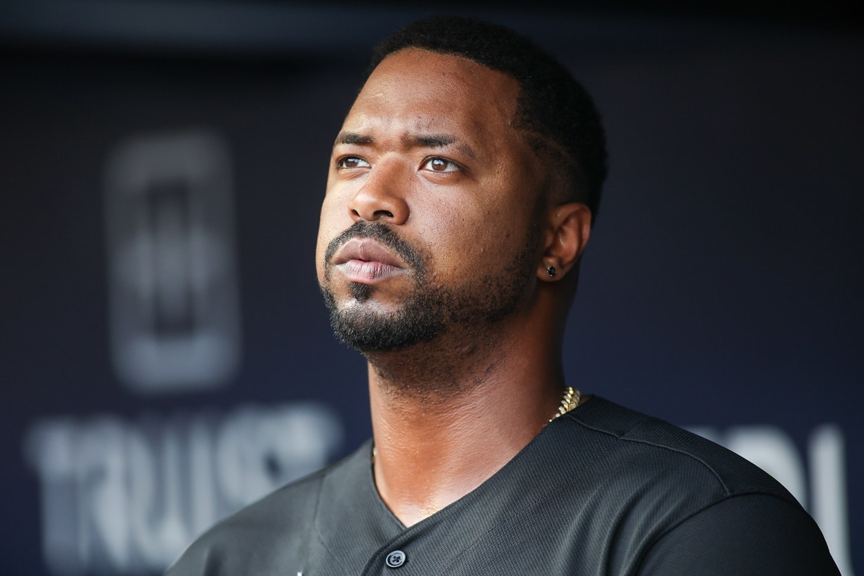 ANAHEIM, CA - AUGUST 15: Chicago White Sox left fielder Eloy Jimenez (74)  looks on in the dugout before a MLB game between the Chicago White Sox and  the Los Angeles Angels