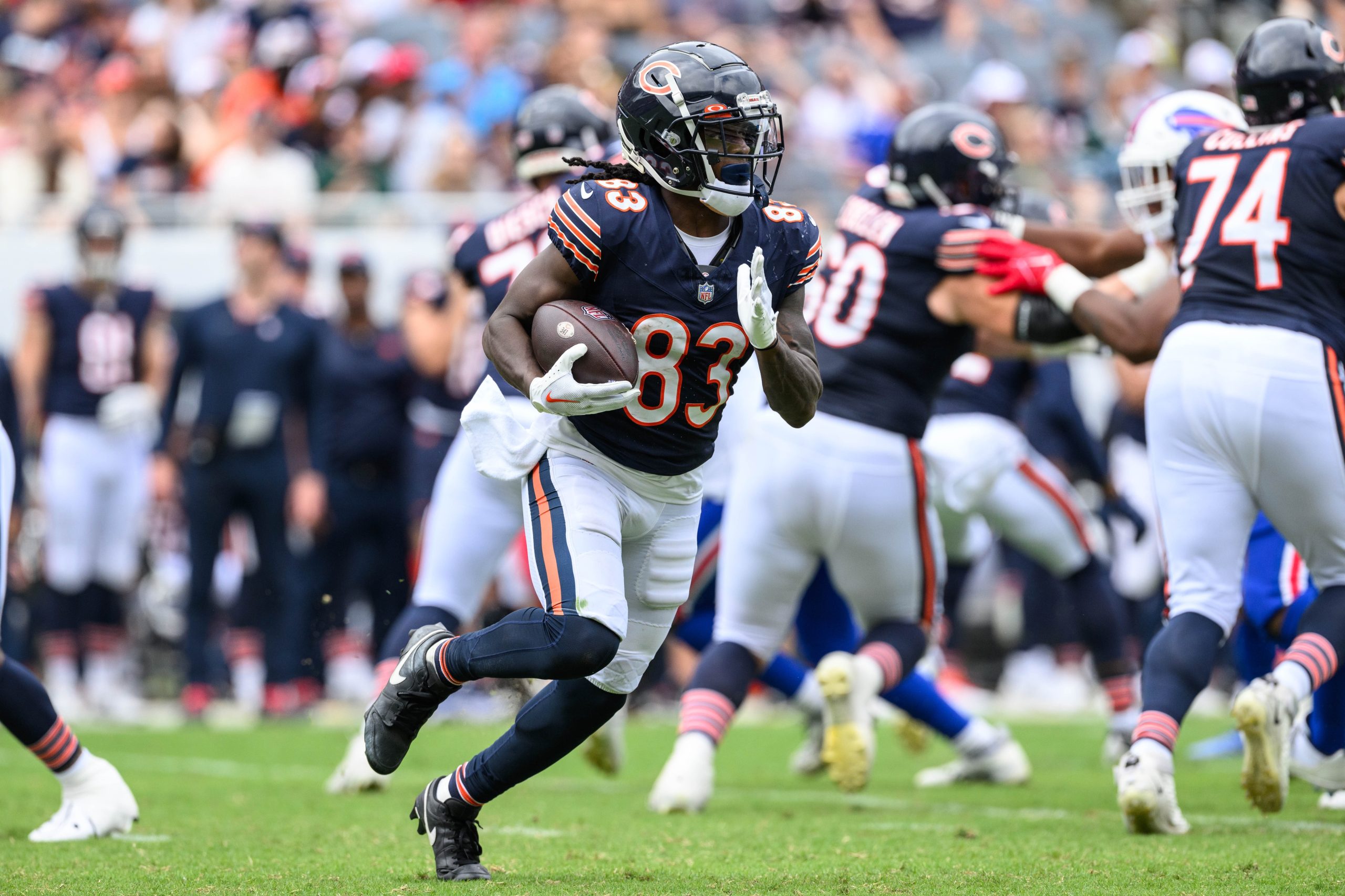 Chicago Bears offensive tackle Aviante Collins (74) blocks against